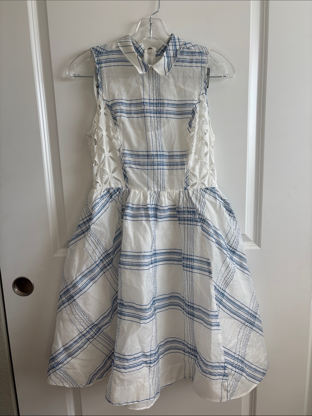Moulinette Soeurs White and Blue Plaid Sleeveless Dress